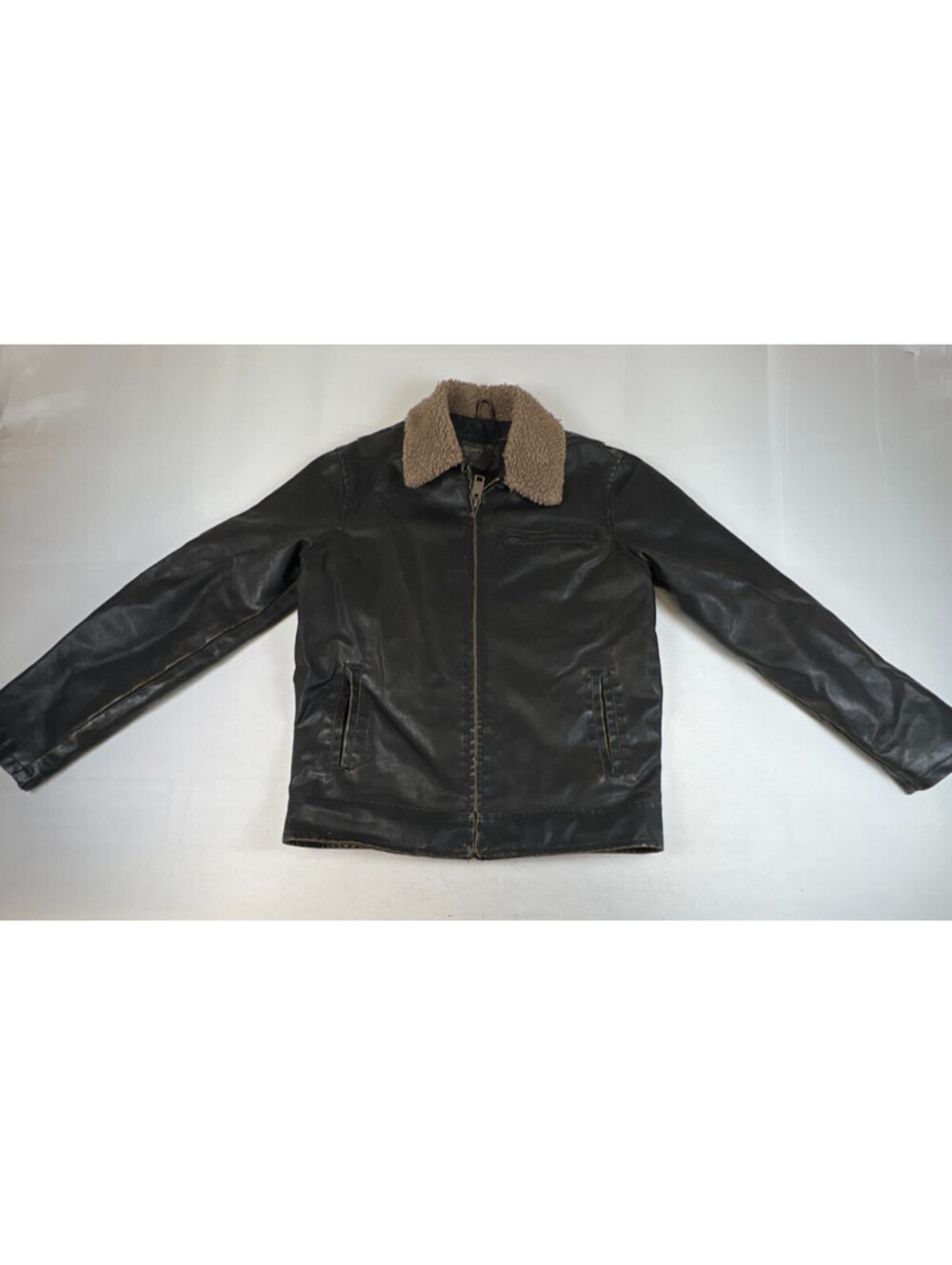 Aeropostale Men M Black Faux Leather Bomber Sherpa Collar Jacket Outerwear